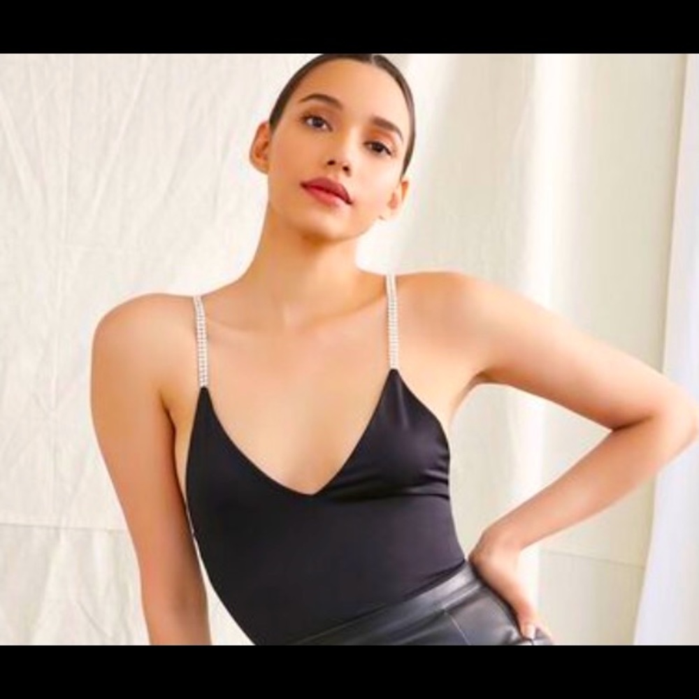 NWT Rhinestone Strap Black bodysuit size Large